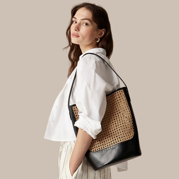 New! J. Crew Berkeley Leather Raffia Bucket Bag in Black - Picture 1 of 16